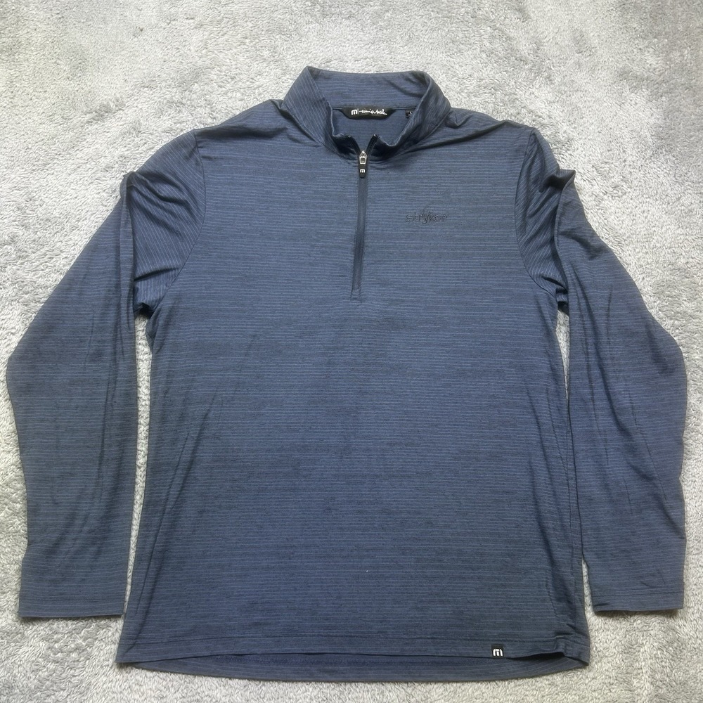 Travis Mathew 1/4 Zip Pullover Men L Gray Blue Striped Golf Lightweight LOGO EUC
